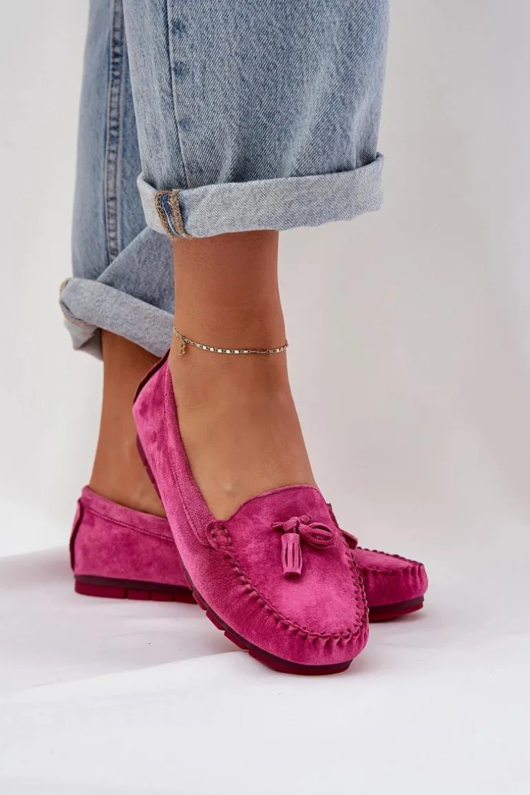 Damskie Płaskie Klasyczne Zamszowe Mokasyny S.Barski LR51-548 Fuksja