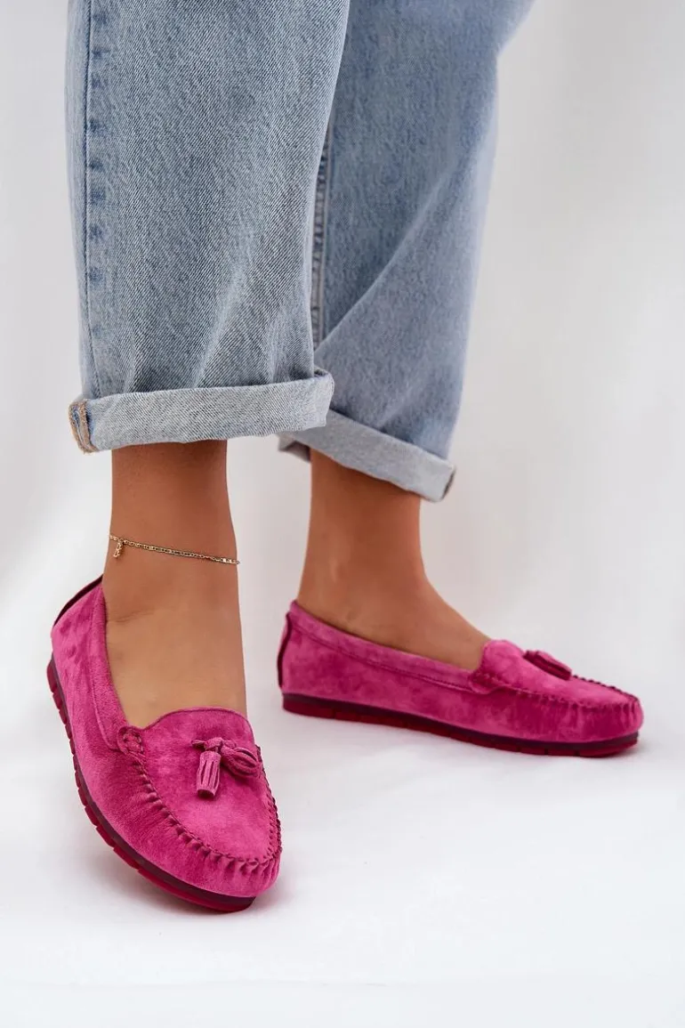Damskie Płaskie Klasyczne Zamszowe Mokasyny S.Barski LR51-548 Fuksja