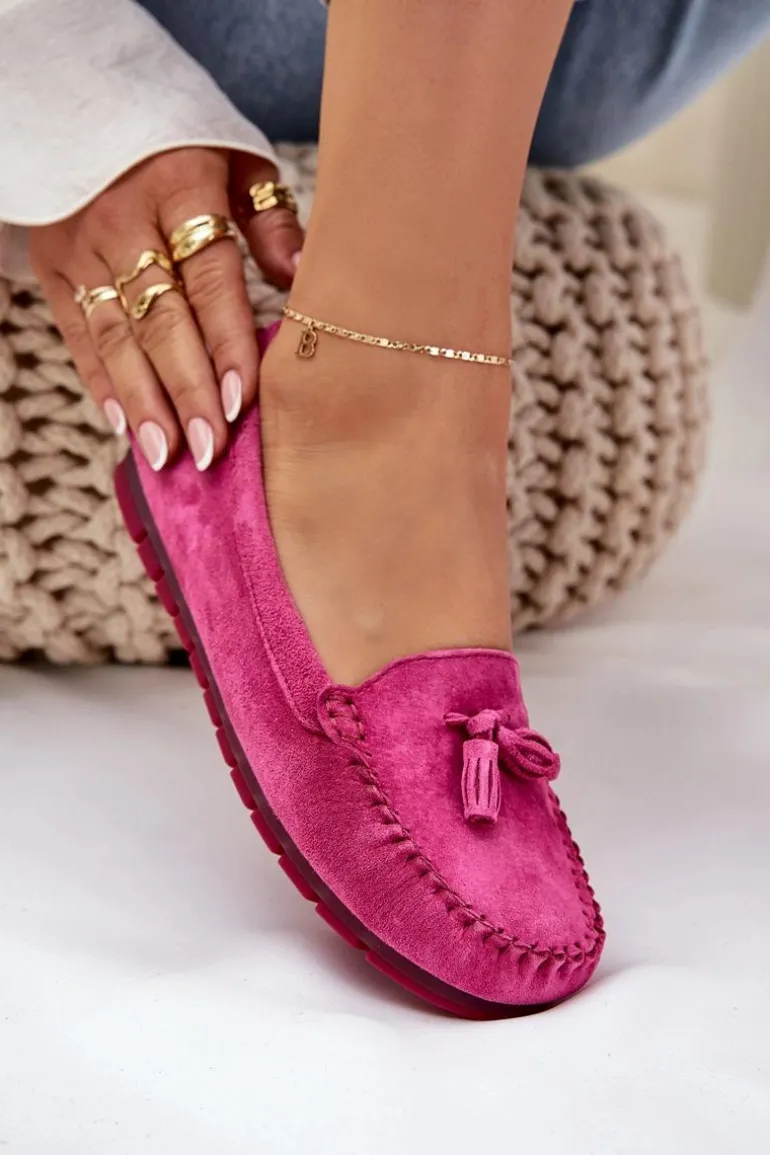 Damskie Płaskie Klasyczne Zamszowe Mokasyny S.Barski LR51-548 Fuksja