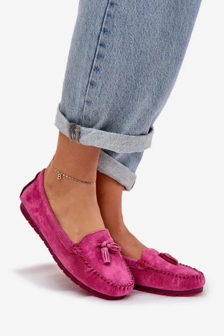 Damskie Płaskie Klasyczne Zamszowe Mokasyny S.Barski LR51-548 Fuksja