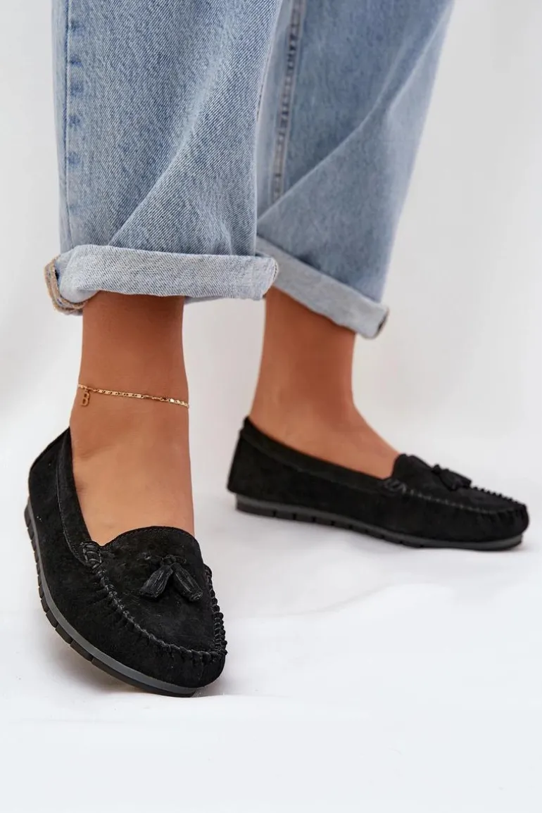 Damskie Płaskie Klasyczne Zamszowe Mokasyny S.Barski LR51-548 Czarne