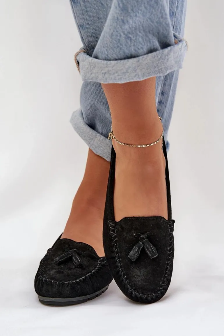 Damskie Płaskie Klasyczne Zamszowe Mokasyny S.Barski LR51-548 Czarne