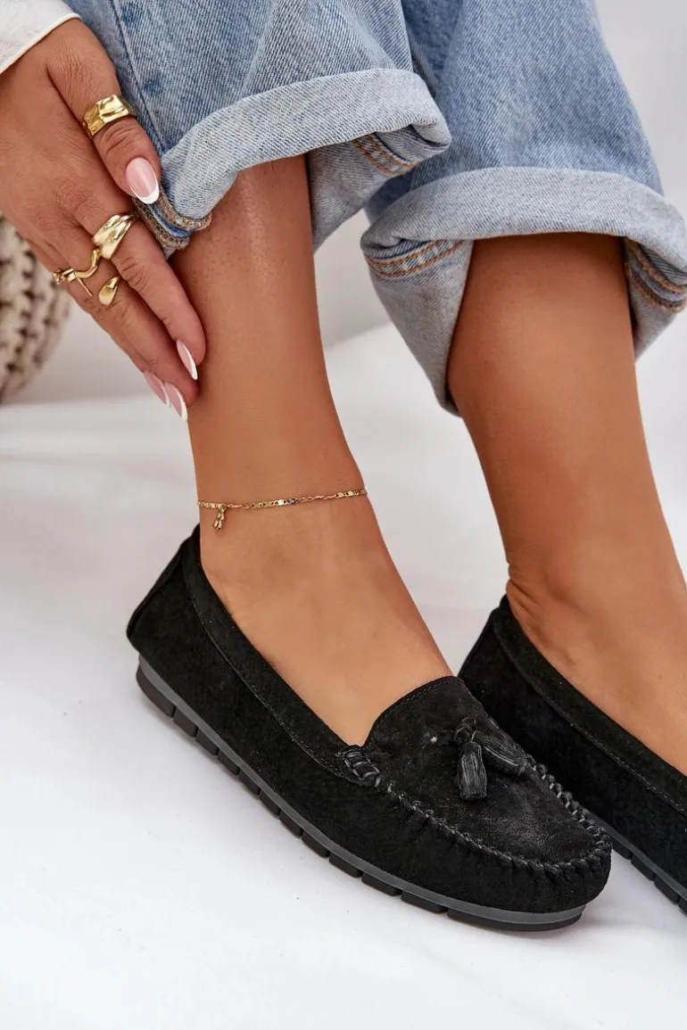 Damskie Płaskie Klasyczne Zamszowe Mokasyny S.Barski LR51-548 Czarne