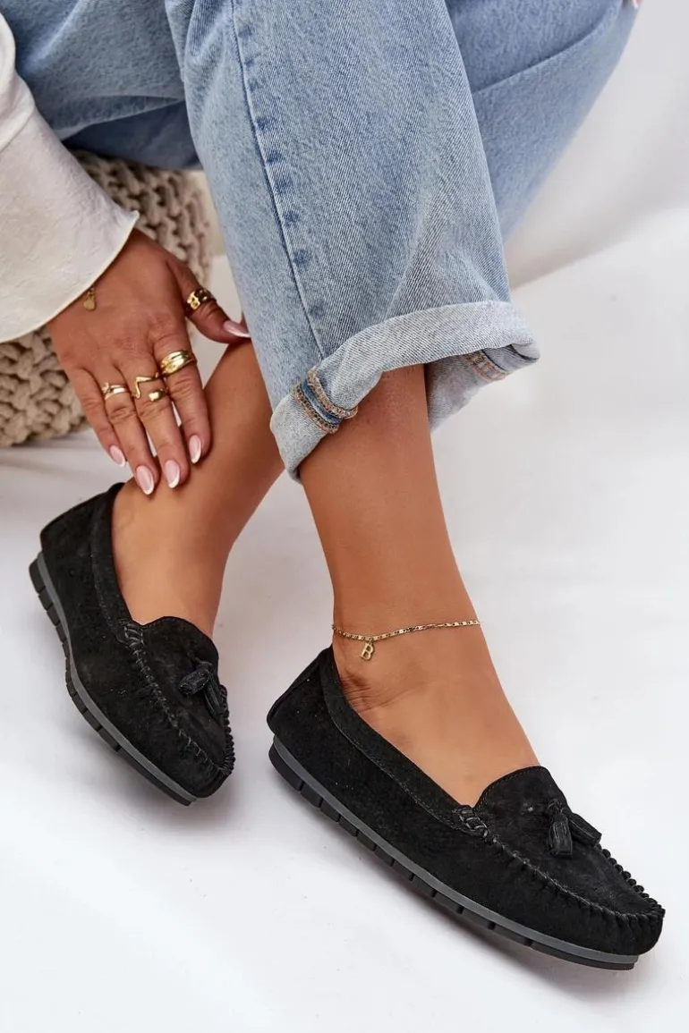 Damskie Płaskie Klasyczne Zamszowe Mokasyny S.Barski LR51-548 Czarne