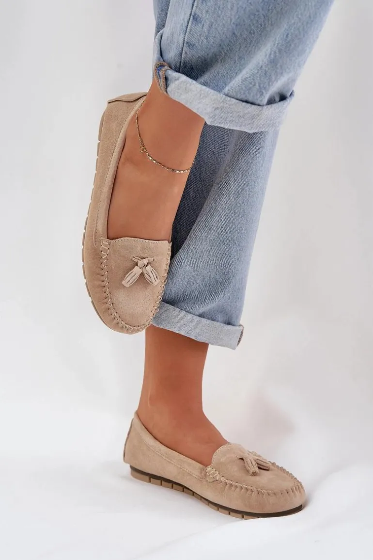 Damskie Płaskie Klasyczne Zamszowe Mokasyny S.Barski LR51-548 Beżowe