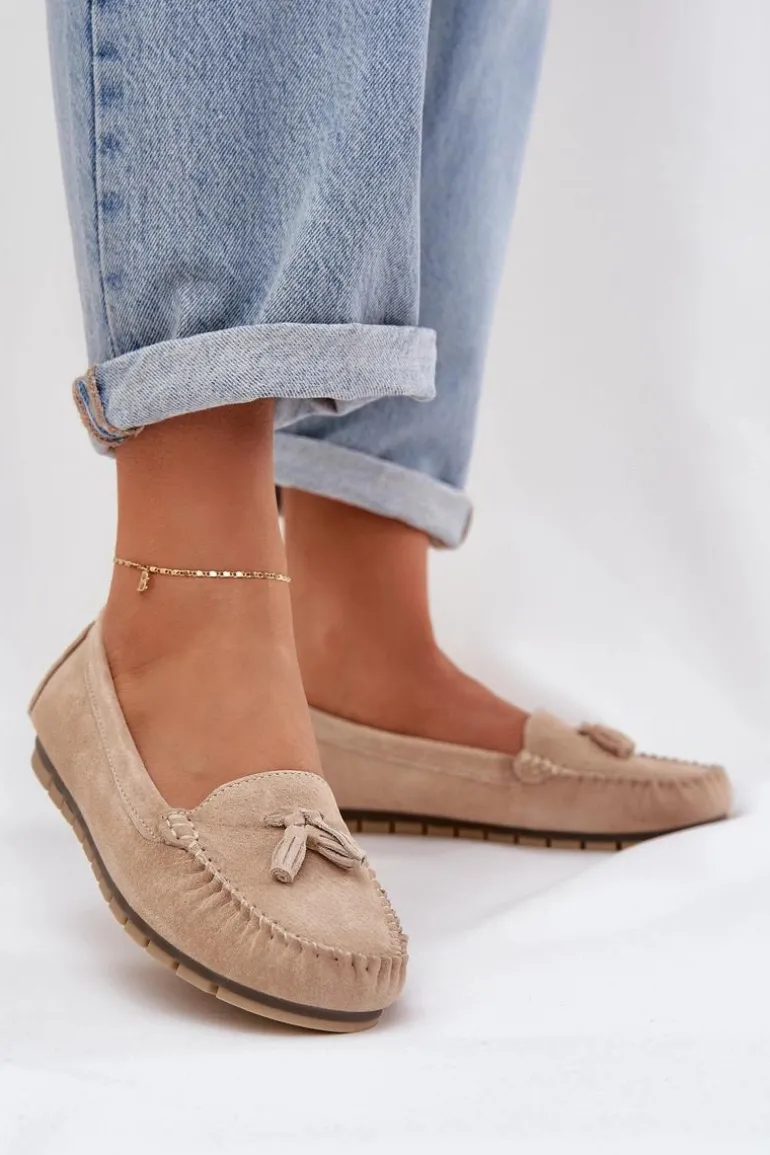 Damskie Płaskie Klasyczne Zamszowe Mokasyny S.Barski LR51-548 Beżowe