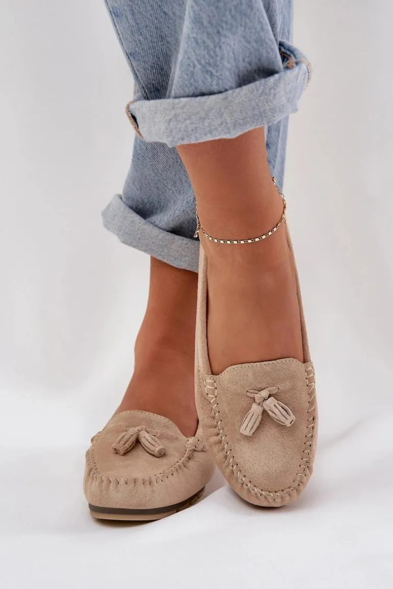 Damskie Płaskie Klasyczne Zamszowe Mokasyny S.Barski LR51-548 Beżowe