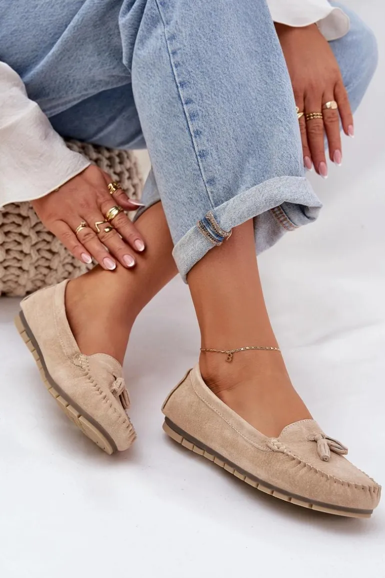 Damskie Płaskie Klasyczne Zamszowe Mokasyny S.Barski LR51-548 Beżowe