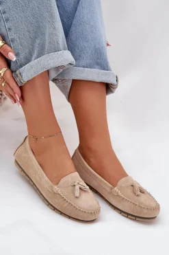 Damskie Płaskie Klasyczne Zamszowe Mokasyny S.Barski LR51-548 Beżowe