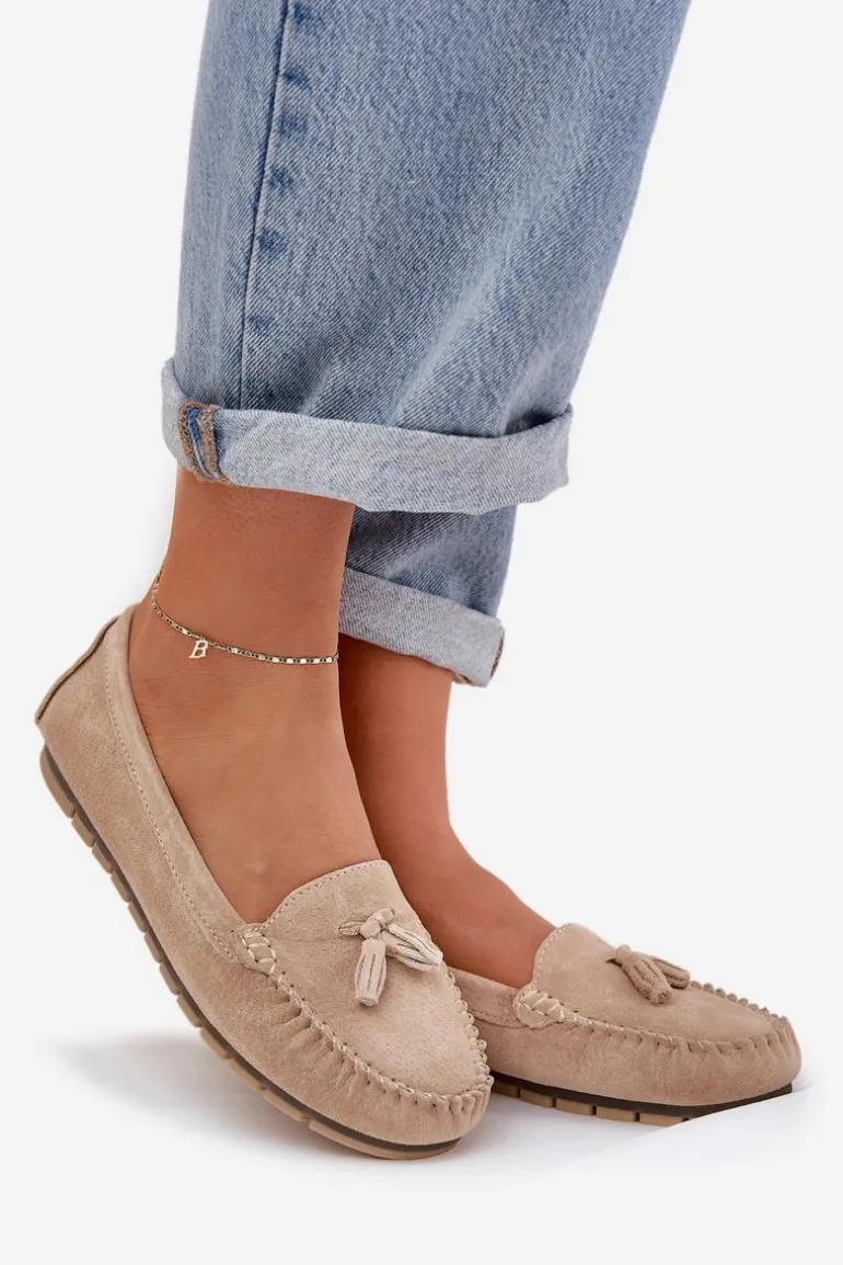 Damskie Płaskie Klasyczne Zamszowe Mokasyny S.Barski LR51-548 Beżowe