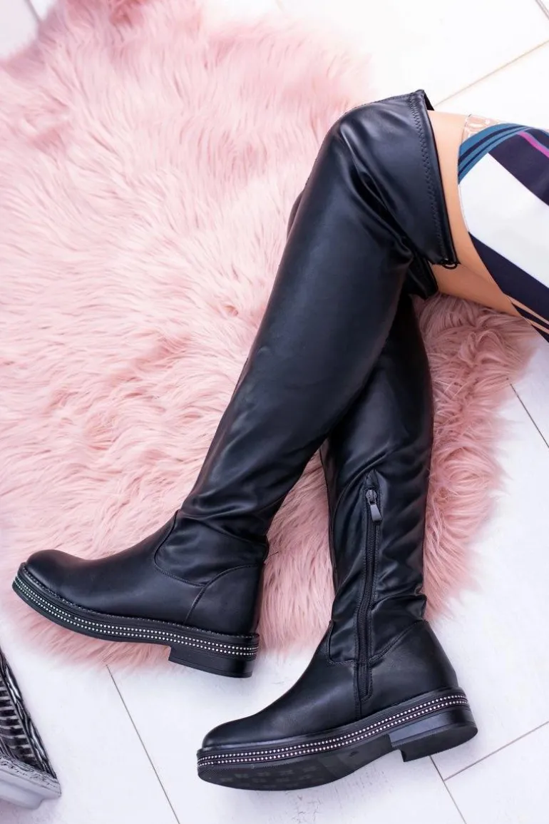 Damskie Płaskie Kozaki za Kolano Czarne Malata