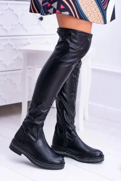 Damskie Płaskie Kozaki za Kolano Czarne Malata