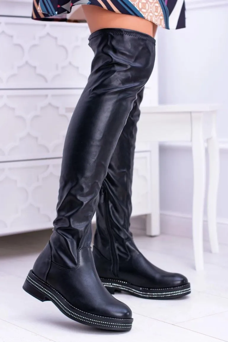 Damskie Płaskie Kozaki za Kolano Czarne Malata