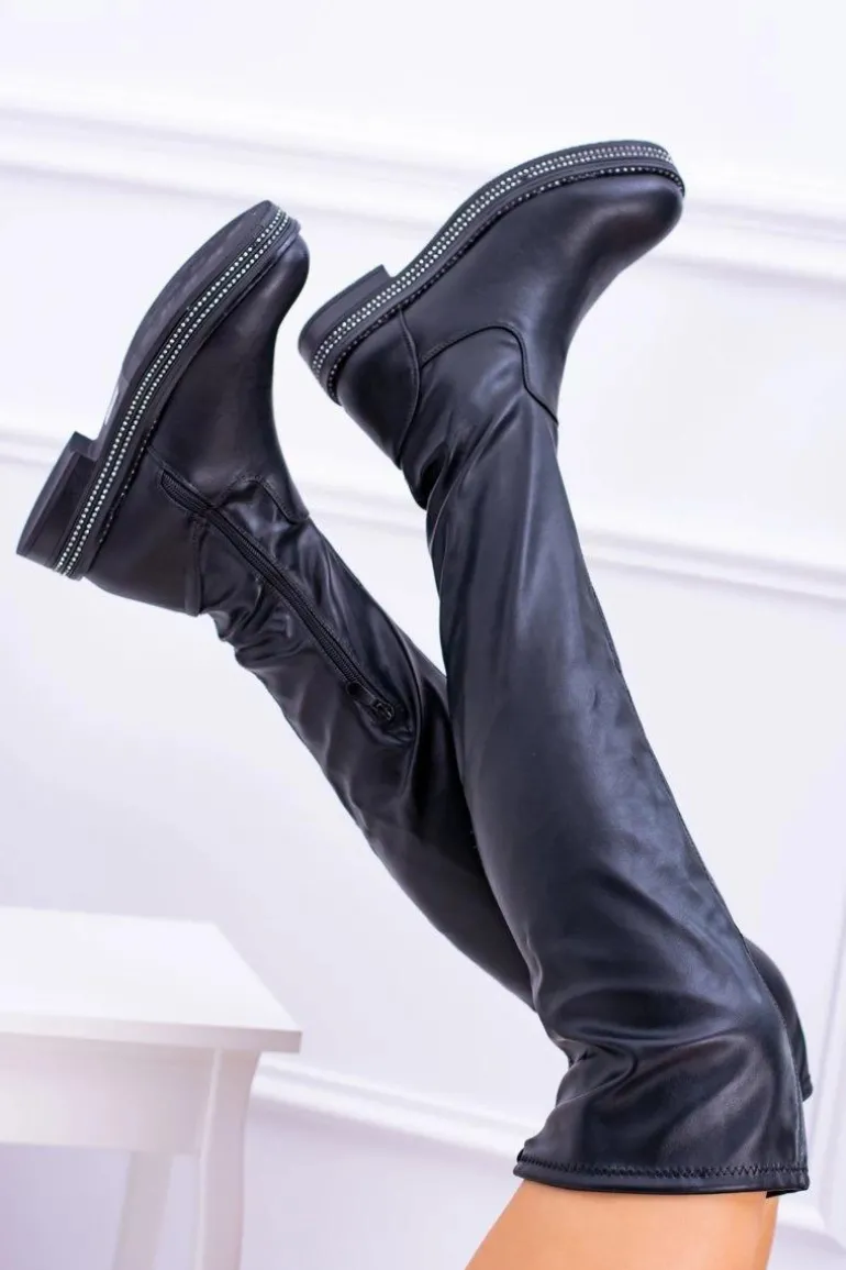 Damskie Płaskie Kozaki za Kolano Czarne Malata