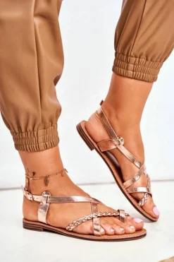 Damskie Płaskie Sandałki Rzemyk Różowe Złoto Laurence