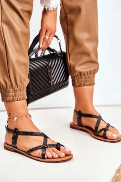 Damskie Płaskie Sandałki Rzemyk Czarny Laurence