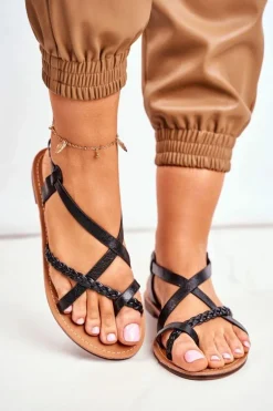 Damskie Płaskie Sandałki Rzemyk Czarny Laurence