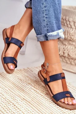 Damskie Płaskie Sandały Granatowe Renna