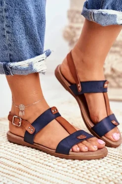 Damskie Płaskie Sandały Granatowe Renna