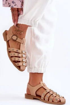 Damskie Płaskie Sandały Z Cyrkoniami Beżowe Ascot