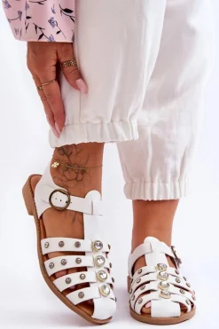 Damskie Płaskie Sandały Z Cyrkoniami Białe Ascot