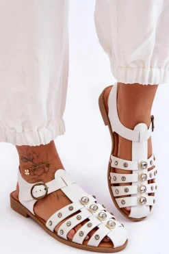 Damskie Płaskie Sandały Z Cyrkoniami Białe Ascot