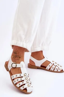 Damskie Płaskie Sandały Z Cyrkoniami Białe Ascot