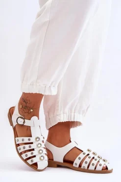 Damskie Płaskie Sandały Z Cyrkoniami Białe Ascot