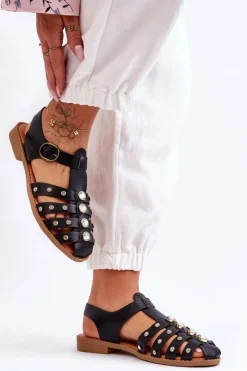 Damskie Płaskie Sandały Z Cyrkoniami Czarne Ascot