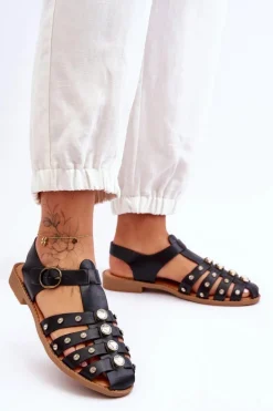 Damskie Płaskie Sandały Z Cyrkoniami Czarne Ascot