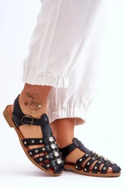 Damskie Płaskie Sandały Z Cyrkoniami Czarne Ascot