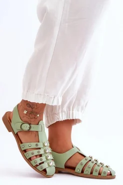 Damskie Płaskie Sandały Z Cyrkoniami Zielone Ascot