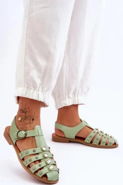 Damskie Płaskie Sandały Z Cyrkoniami Zielone Ascot