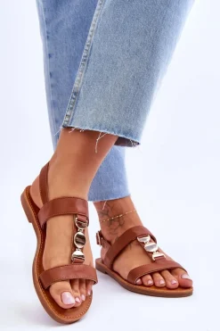 Damskie Płaskie Sandały Z Ozdobnym Paskiem Brązowe Berry