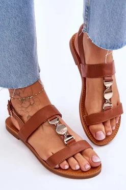 Damskie Płaskie Sandały Z Ozdobnym Paskiem Brązowe Berry