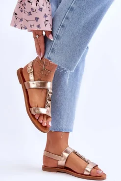 Damskie Płaskie Sandały Z Ozdobnym Paskiem Złote Berry