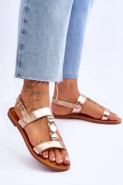 Damskie Płaskie Sandały Z Ozdobnym Paskiem Złote Berry