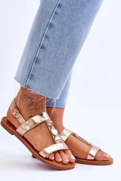 Damskie Płaskie Sandały Z Ozdobnym Paskiem Złote Berry