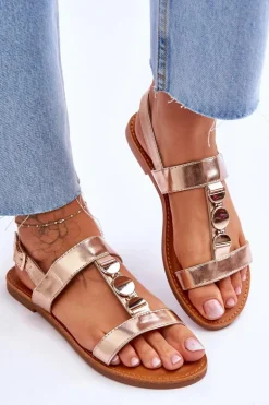 Damskie Płaskie Sandały Z Ozdobnym Paskiem Złote Berry