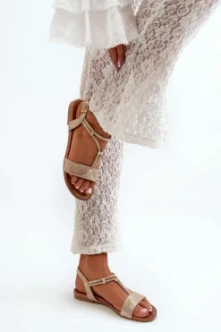 Damskie Płaskie Sandały Z Paskami S.Barski KV27-010 Złote