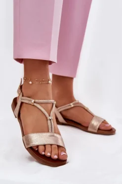 Damskie Płaskie Sandały Z Paskami S.Barski KV51-120 Różowe Złoto