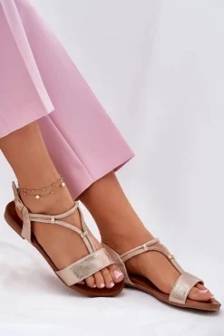 Damskie Płaskie Sandały Z Paskami S.Barski KV51-120 Różowe Złoto