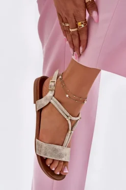 Damskie Płaskie Sandały Z Paskami S.Barski KV51-120 Złote