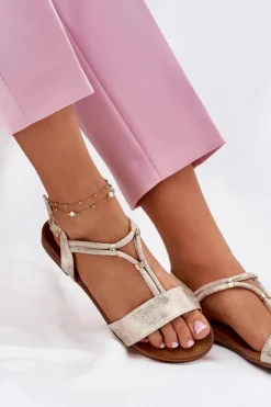 Damskie Płaskie Sandały Z Paskami S.Barski KV51-120 Złote