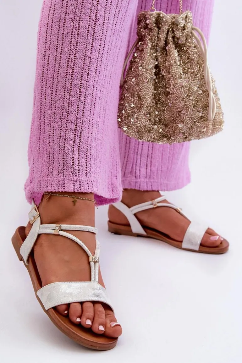 Damskie Płaskie Sandały Z Paskami S.Barski KV27-010 Biało-Srebrne