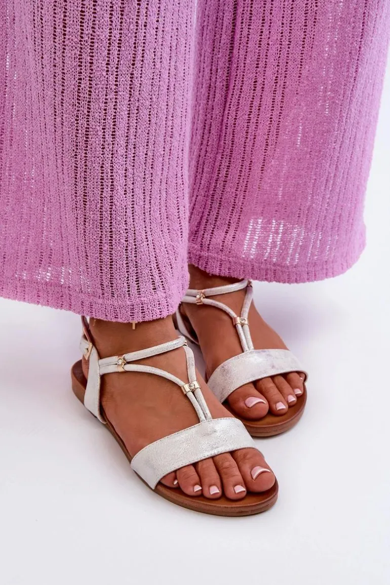 Damskie Płaskie Sandały Z Paskami S.Barski KV27-010 Biało-Srebrne