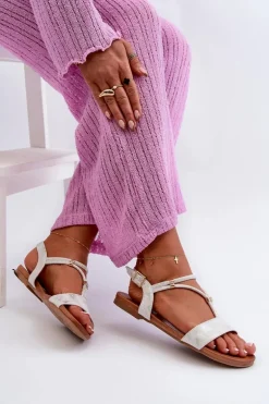 Damskie Płaskie Sandały Z Paskami S.Barski KV27-010 Biało-Srebrne