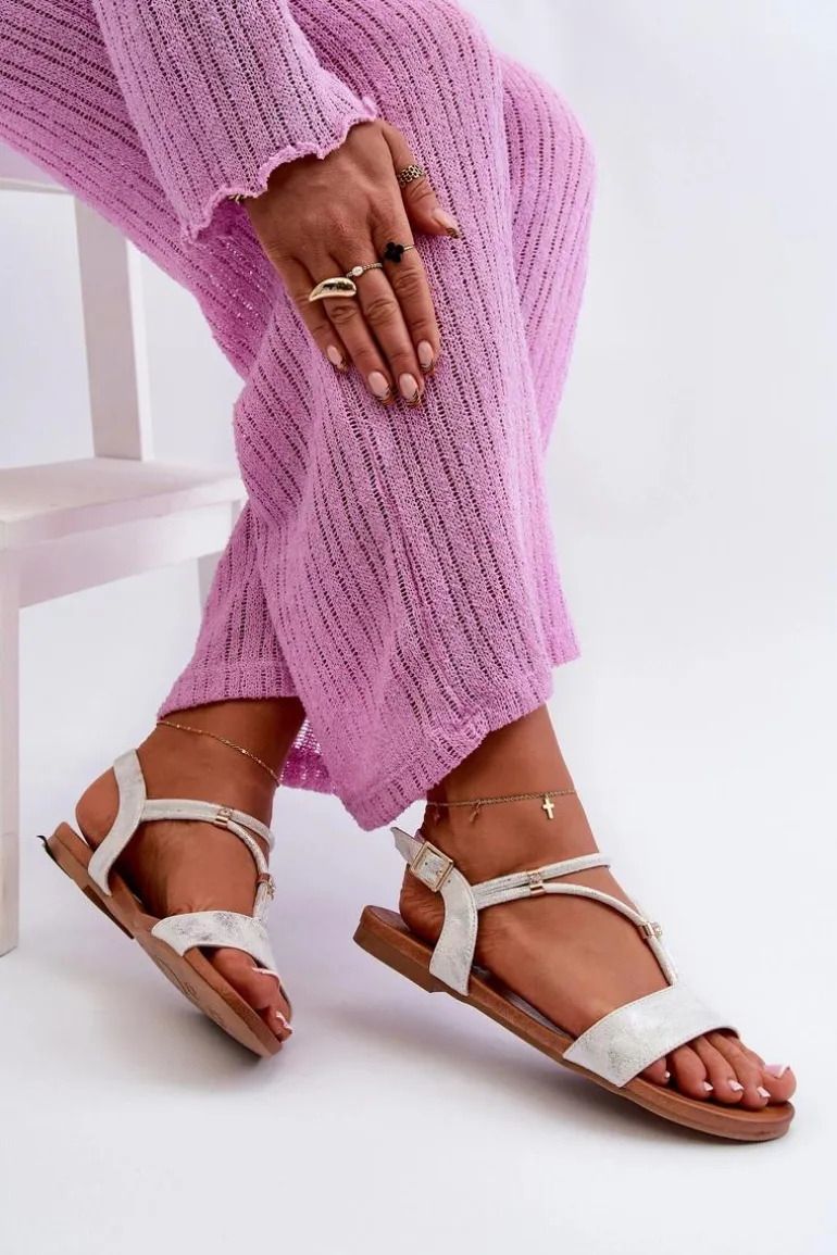 Damskie Płaskie Sandały Z Paskami S.Barski KV27-010 Biało-Srebrne