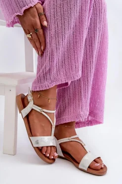 Damskie Płaskie Sandały Z Paskami S.Barski KV27-010 Biało-Srebrne