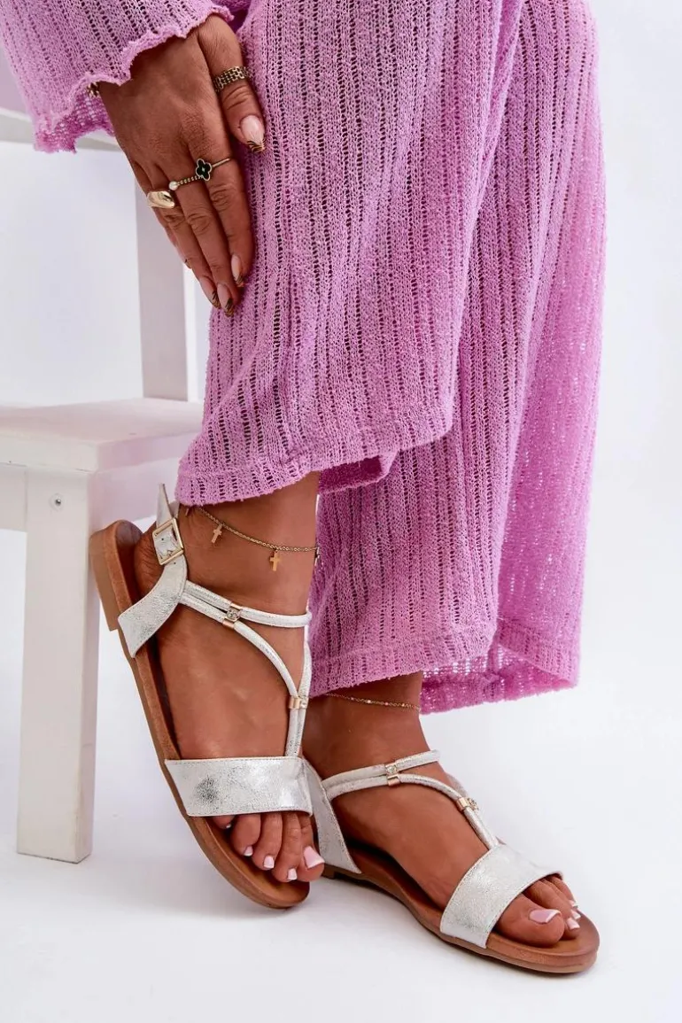 Damskie Płaskie Sandały Z Paskami S.Barski KV27-010 Biało-Srebrne